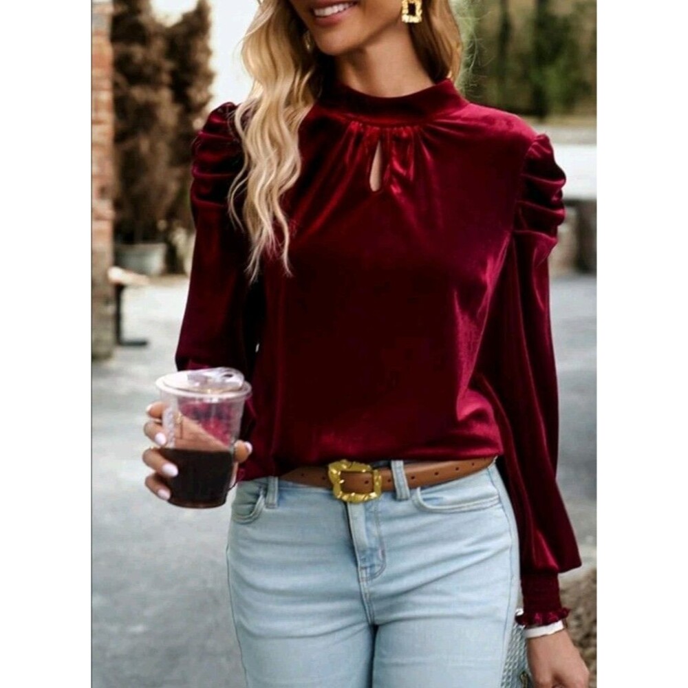 Cezele Red Velvet Top L Puff Sleeve Holiday Victorian Vamp Whimsigoth Tie Back - Picture 13 of 13